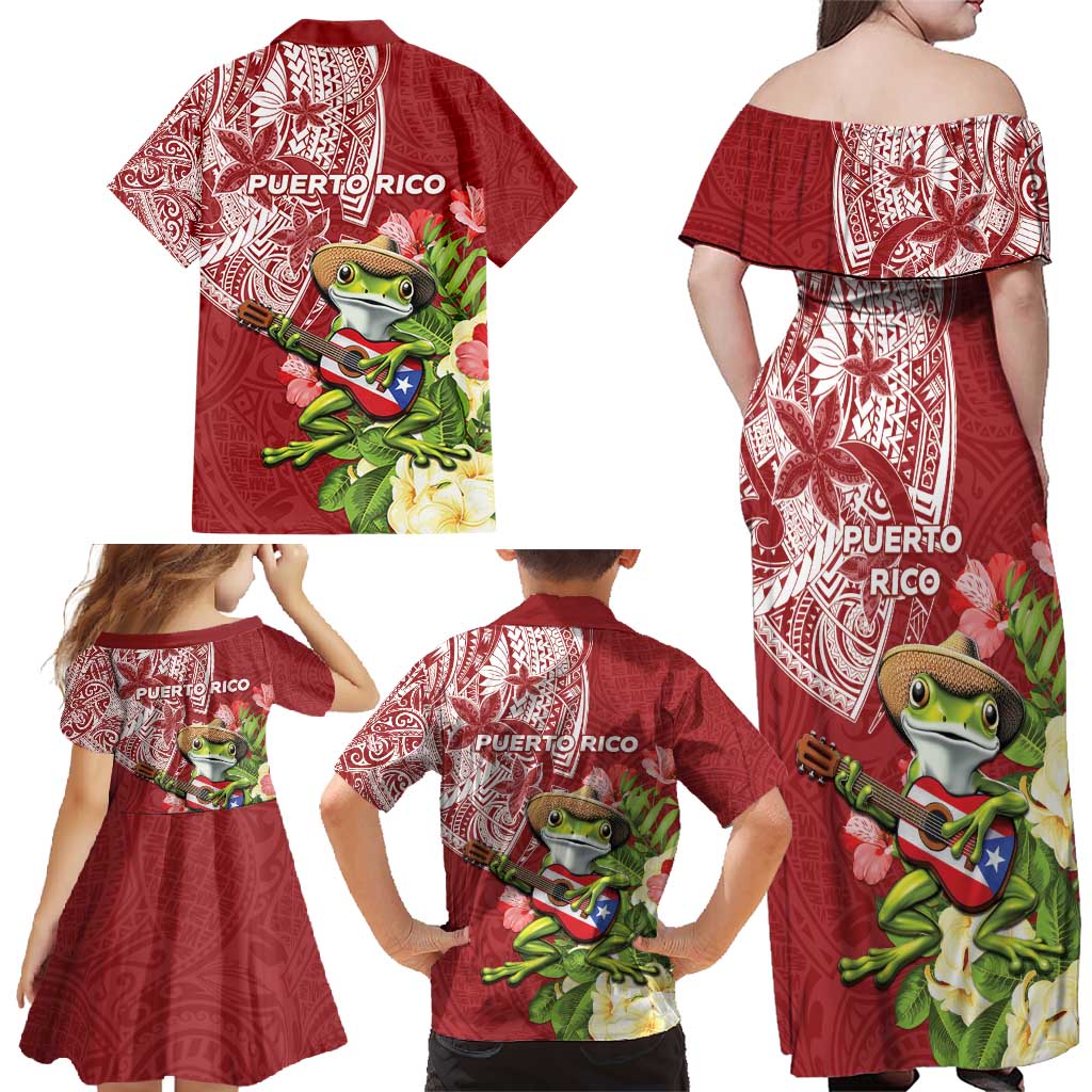 Puerto Rico Coqui Frog Family Matching Off Shoulder Maxi Dress and Hawaiian Shirt Tropical Flowers Polynesian Style - Polynesian Pride