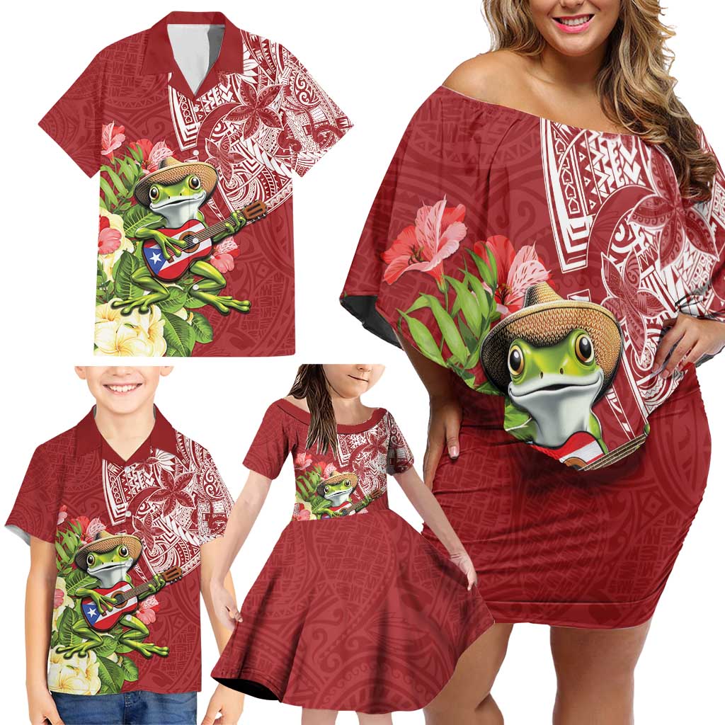 Puerto Rico Coqui Frog Family Matching Off Shoulder Short Dress and Hawaiian Shirt Tropical Flowers Polynesian Style - Polynesian Pride