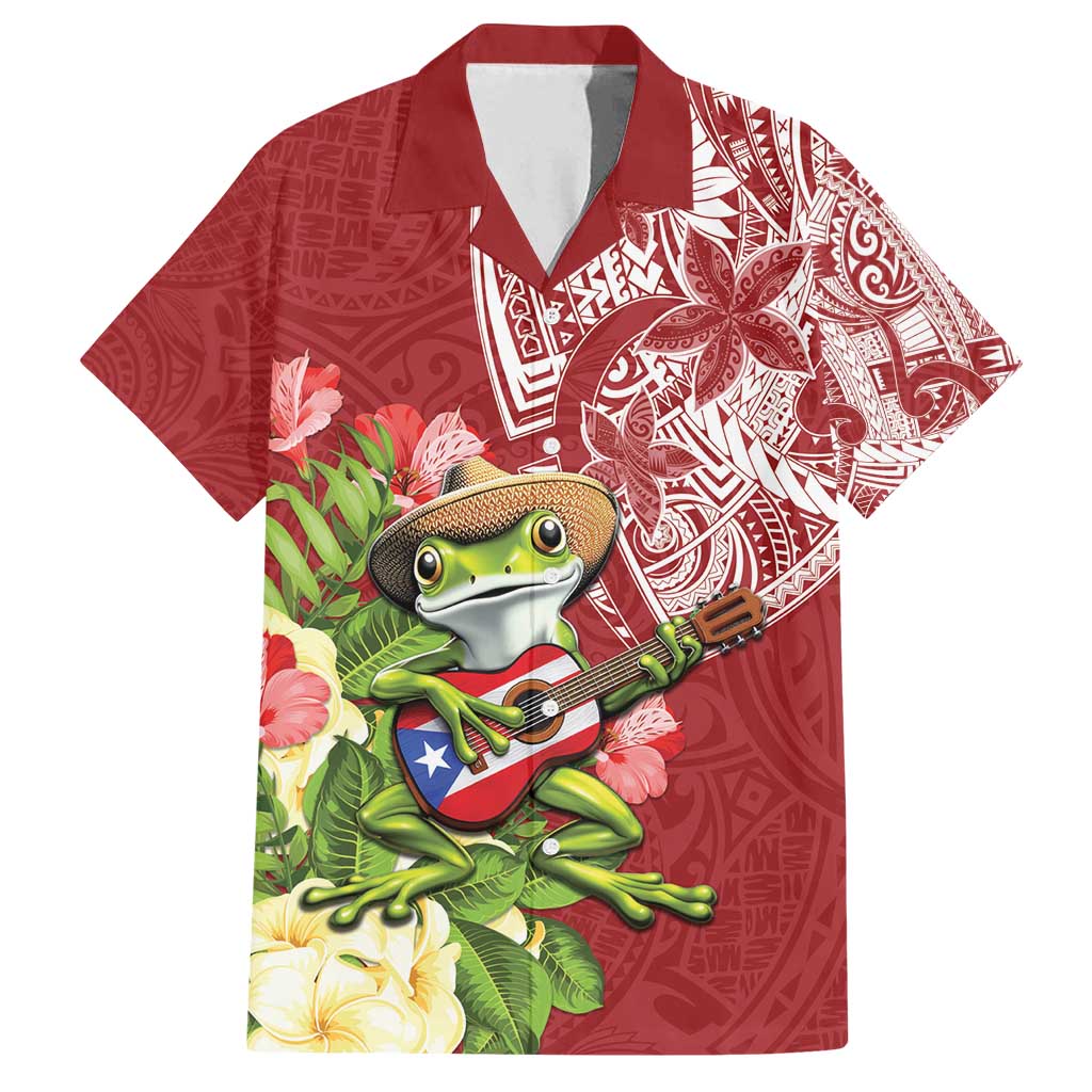 Puerto Rico Coqui Frog Family Matching Off Shoulder Short Dress and Hawaiian Shirt Tropical Flowers Polynesian Style - Polynesian Pride