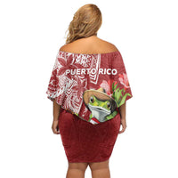 Puerto Rico Coqui Frog Family Matching Off Shoulder Short Dress and Hawaiian Shirt Tropical Flowers Polynesian Style - Polynesian Pride