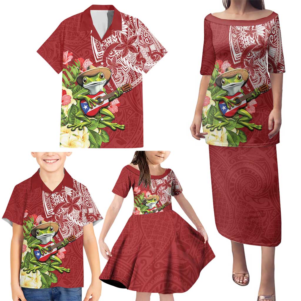 Puerto Rico Coqui Frog Family Matching Puletasi and Hawaiian Shirt Tropical Flowers Polynesian Style - Polynesian Pride