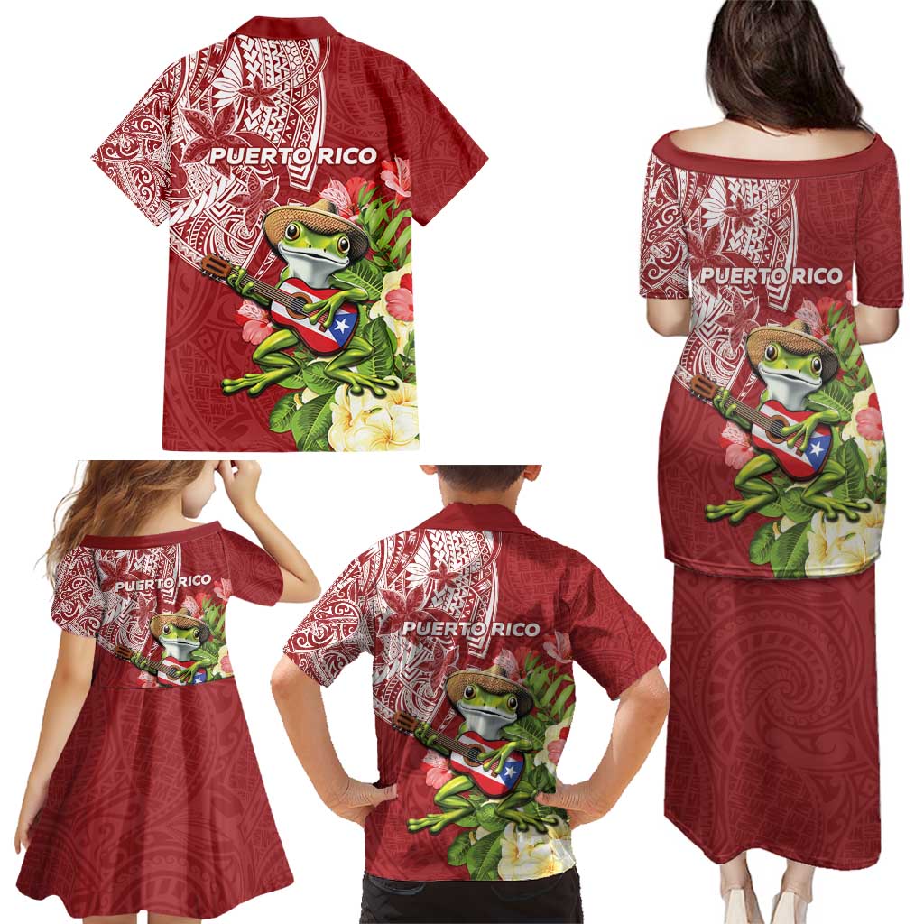 Puerto Rico Coqui Frog Family Matching Puletasi and Hawaiian Shirt Tropical Flowers Polynesian Style - Polynesian Pride