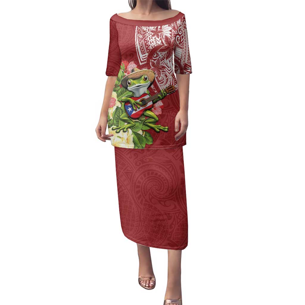 Puerto Rico Coqui Frog Family Matching Puletasi and Hawaiian Shirt Tropical Flowers Polynesian Style - Polynesian Pride