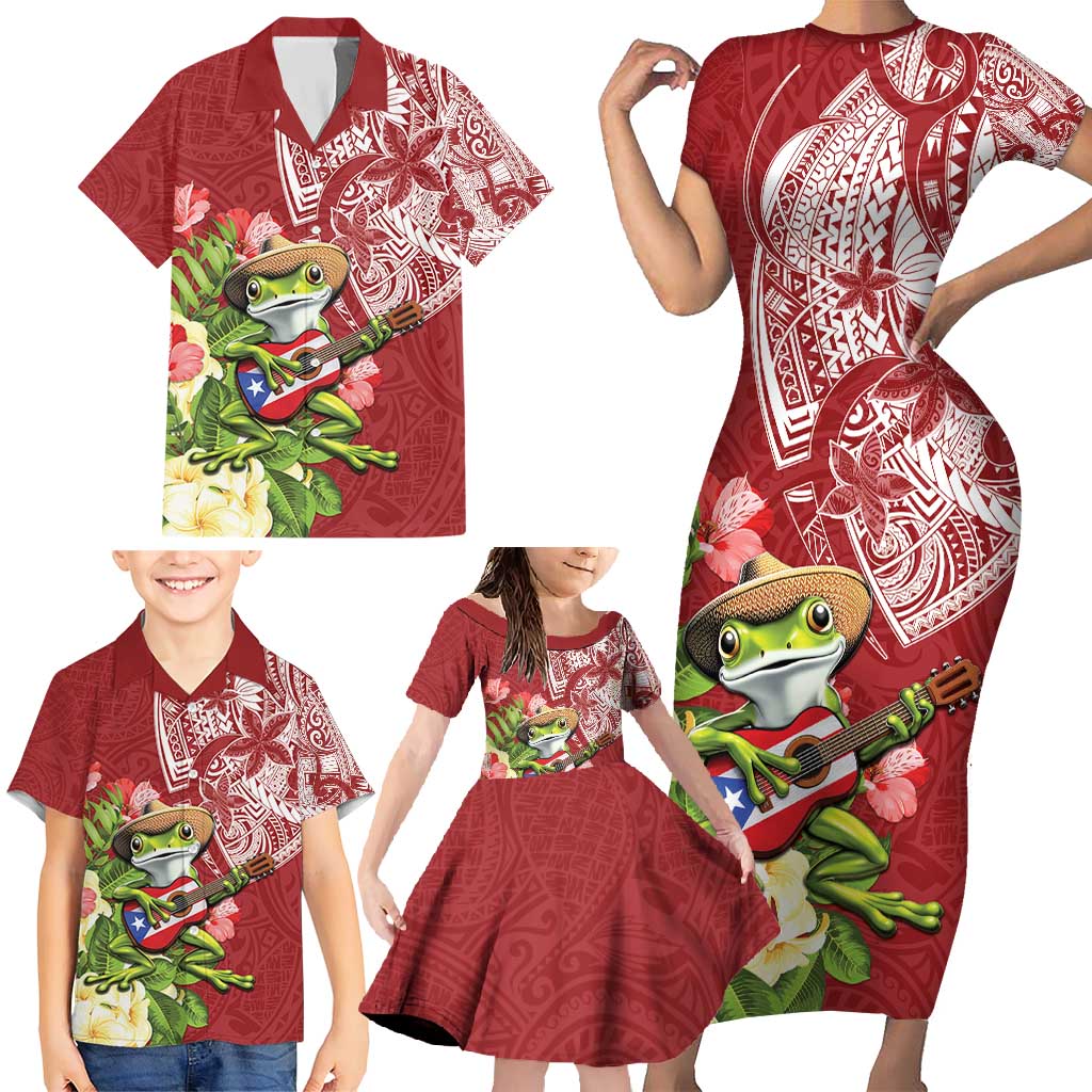 Puerto Rico Coqui Frog Family Matching Short Sleeve Bodycon Dress and Hawaiian Shirt Tropical Flowers Polynesian Style - Polynesian Pride
