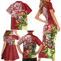 Puerto Rico Coqui Frog Family Matching Short Sleeve Bodycon Dress and Hawaiian Shirt Tropical Flowers Polynesian Style - Polynesian Pride