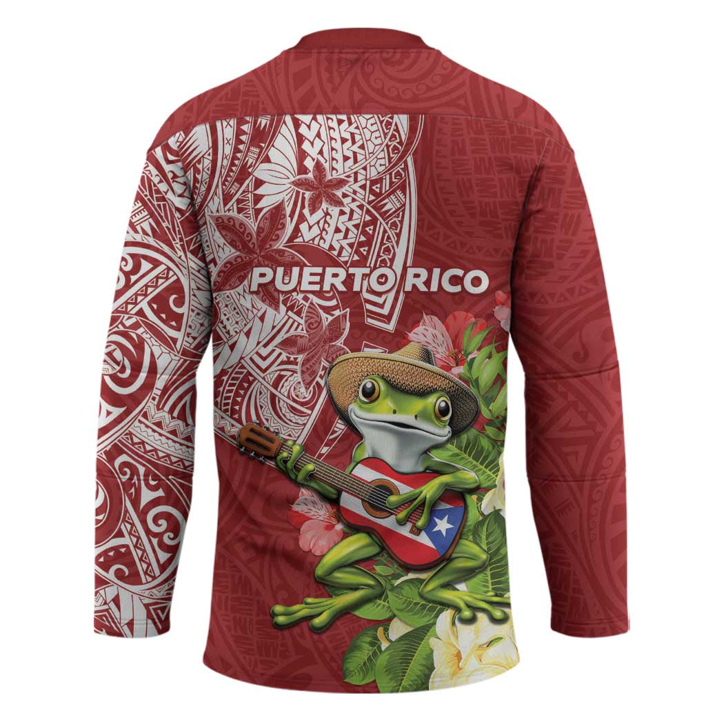 Puerto Rico Coqui Frog Hockey Jersey Tropical Flowers Polynesian Style - Polynesian Pride