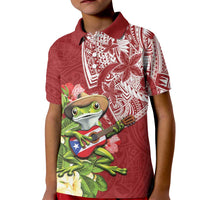 Puerto Rico Coqui Frog Kid Polo Shirt Tropical Flowers Polynesian Style - Polynesian Pride