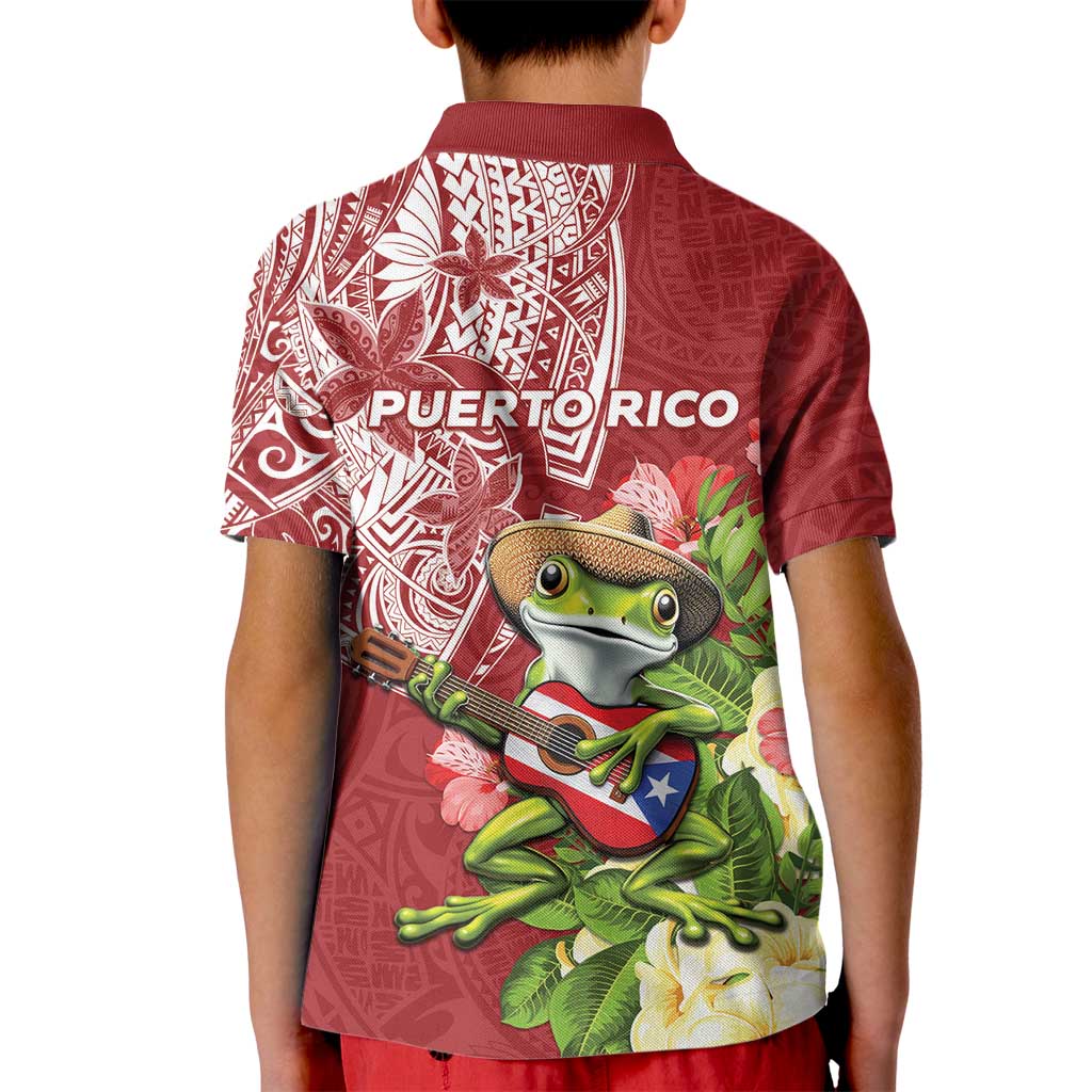 Puerto Rico Coqui Frog Kid Polo Shirt Tropical Flowers Polynesian Style - Polynesian Pride