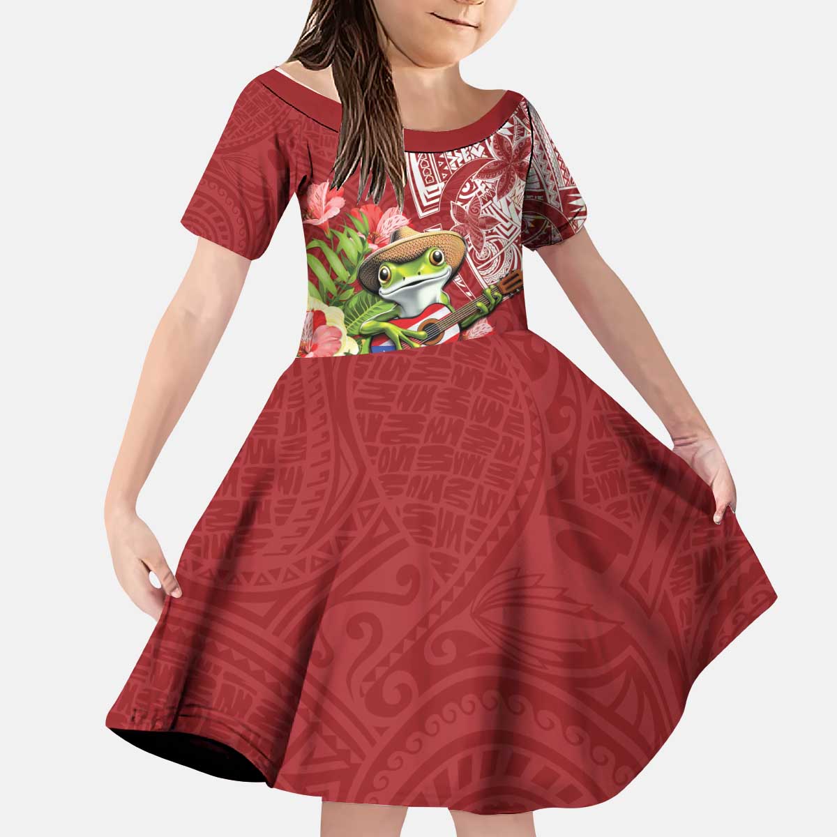 Puerto Rico Coqui Frog Kid Short Sleeve Dress Tropical Flowers Polynesian Style - Polynesian Pride