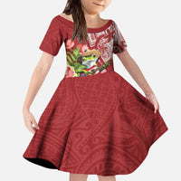 Puerto Rico Coqui Frog Kid Short Sleeve Dress Tropical Flowers Polynesian Style - Polynesian Pride