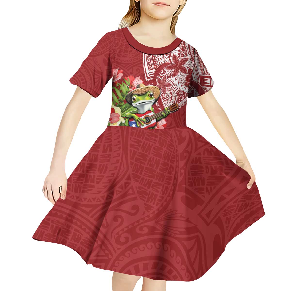 Puerto Rico Coqui Frog Kid Short Sleeve Dress Tropical Flowers Polynesian Style - Polynesian Pride