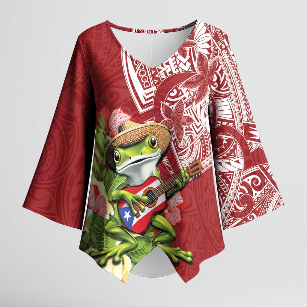 Puerto Rico Coqui Frog Kimono Sleeve Blouse Tropical Flowers Polynesian Style - Polynesian Pride