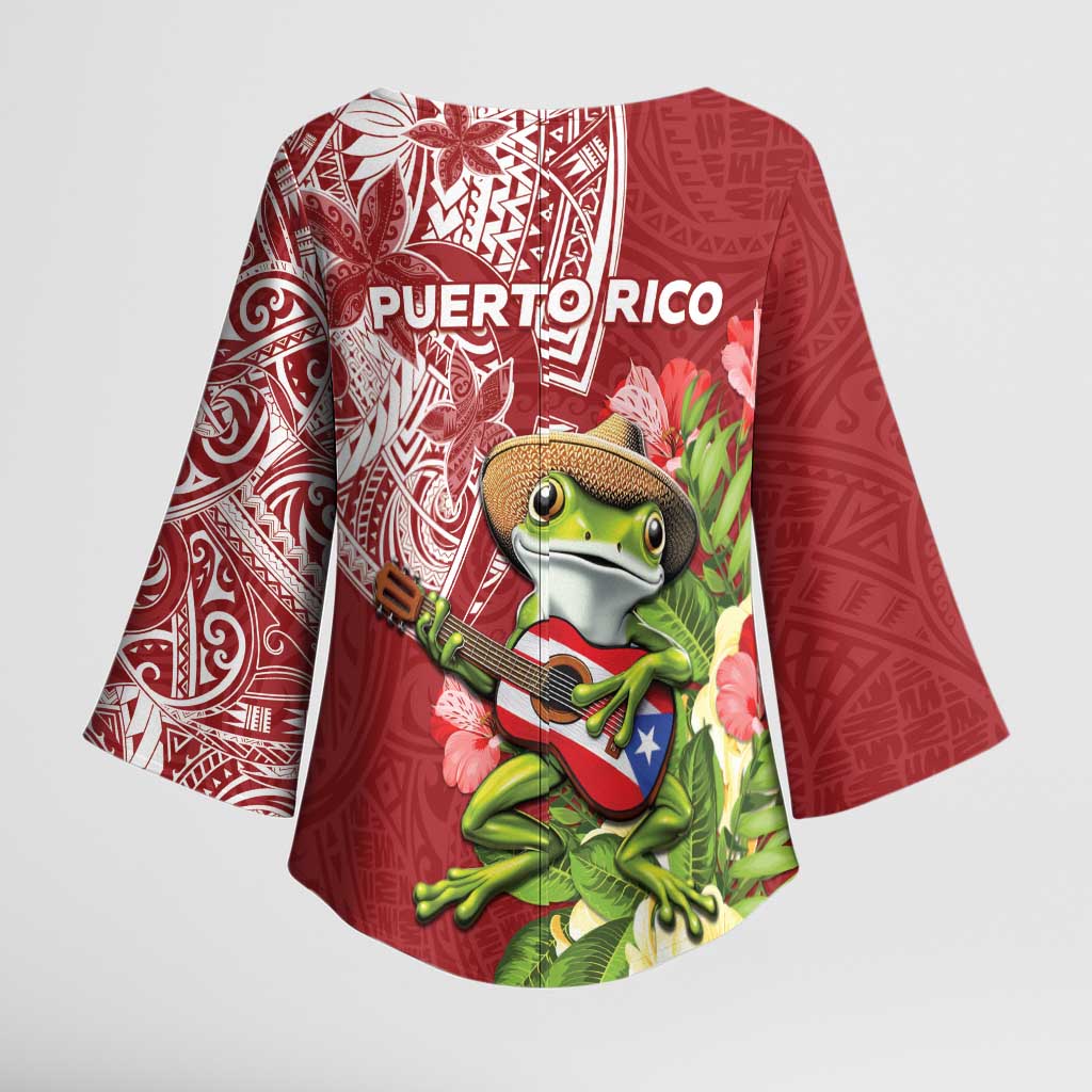 Puerto Rico Coqui Frog Kimono Sleeve Blouse Tropical Flowers Polynesian Style - Polynesian Pride