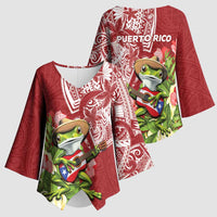 Puerto Rico Coqui Frog Kimono Sleeve Blouse Tropical Flowers Polynesian Style - Polynesian Pride