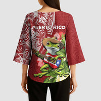 Puerto Rico Coqui Frog Kimono Sleeve Blouse Tropical Flowers Polynesian Style - Polynesian Pride