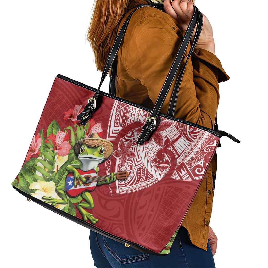 Puerto Rico Coqui Frog Leather Tote Bag Tropical Flowers Polynesian Style - Polynesian Pride