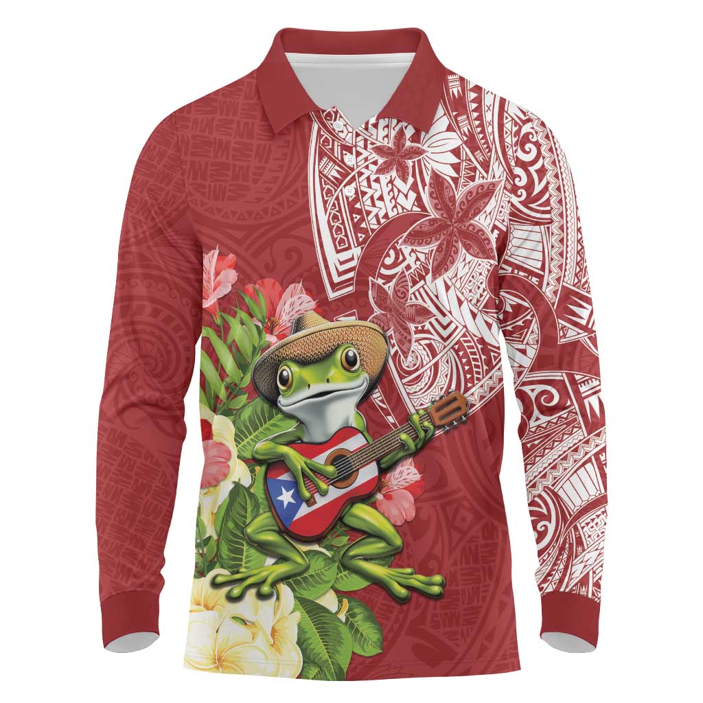 Puerto Rico Coqui Frog Long Sleeve Polo Shirt Tropical Flowers Polynesian Style - Polynesian Pride