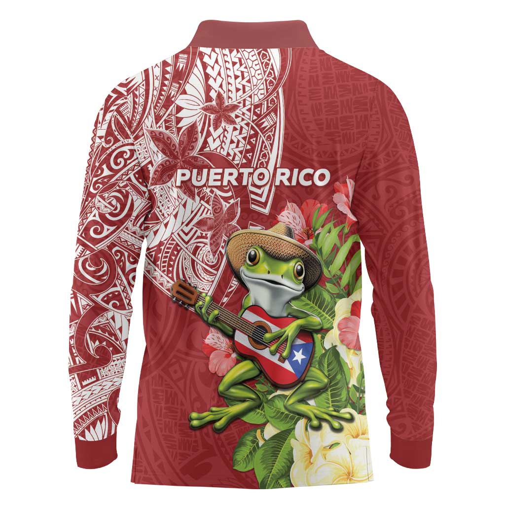 Puerto Rico Coqui Frog Long Sleeve Polo Shirt Tropical Flowers Polynesian Style - Polynesian Pride