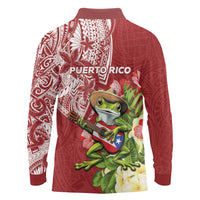 Puerto Rico Coqui Frog Long Sleeve Polo Shirt Tropical Flowers Polynesian Style - Polynesian Pride