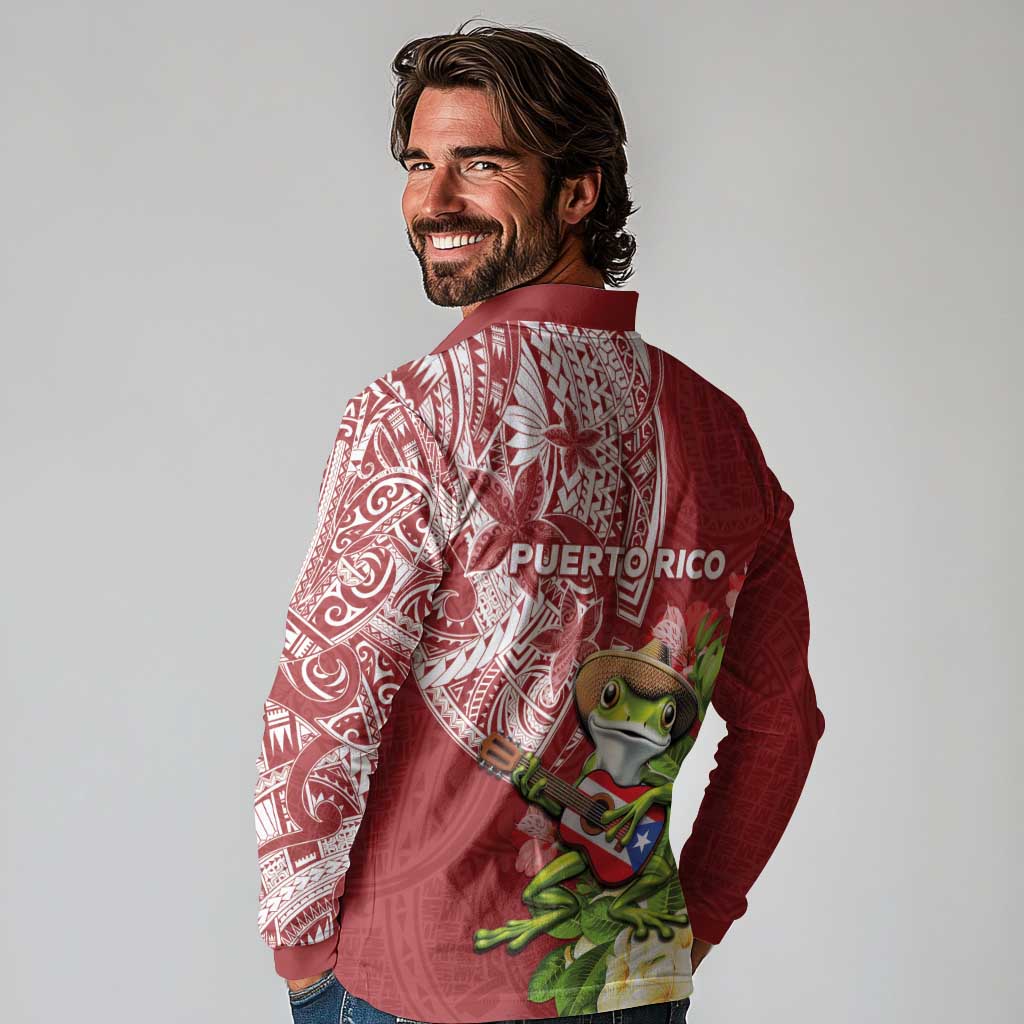 Puerto Rico Coqui Frog Long Sleeve Polo Shirt Tropical Flowers Polynesian Style - Polynesian Pride