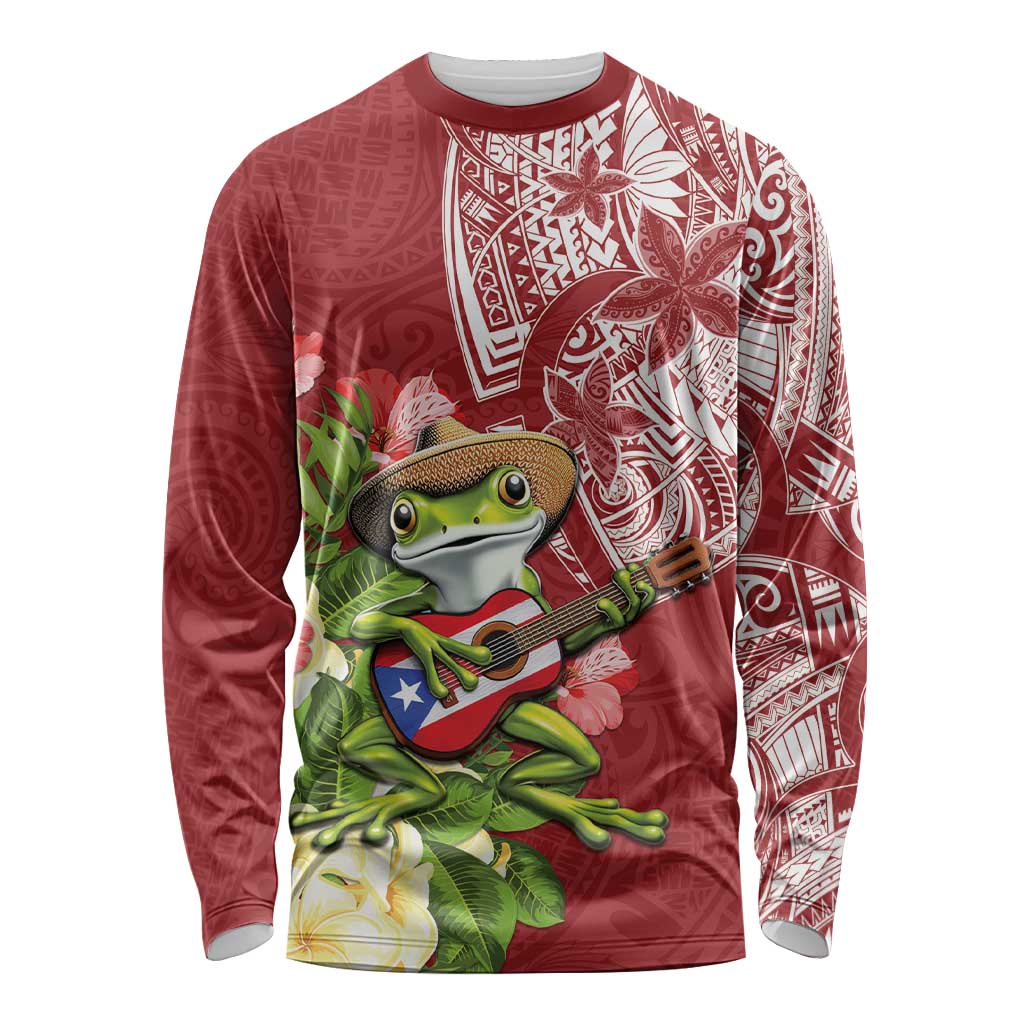 Puerto Rico Coqui Frog Long Sleeve Shirt Tropical Flowers Polynesian Style - Polynesian Pride