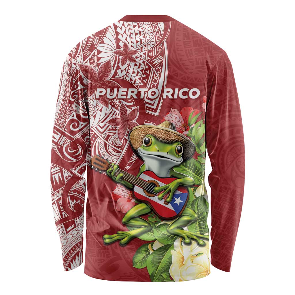Puerto Rico Coqui Frog Long Sleeve Shirt Tropical Flowers Polynesian Style - Polynesian Pride