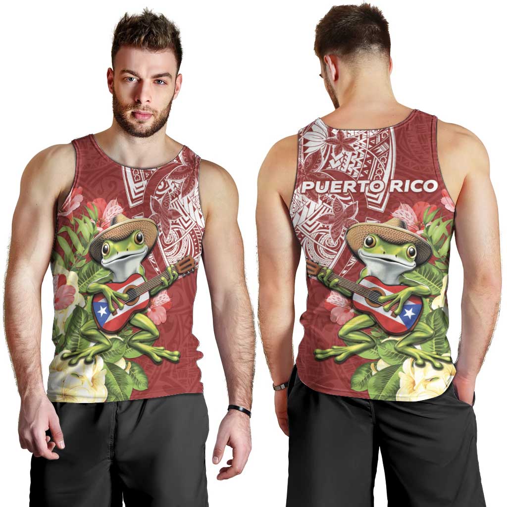 Puerto Rico Coqui Frog Men Tank Top Tropical Flowers Polynesian Style - Polynesian Pride