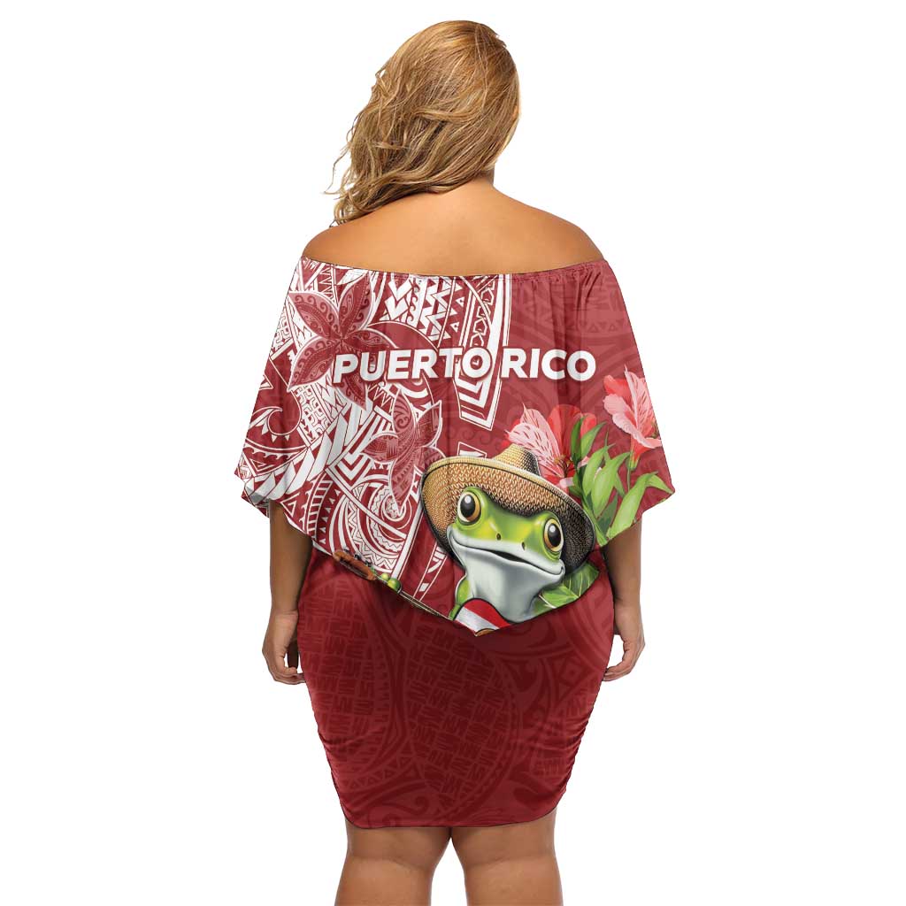 Puerto Rico Coqui Frog Off Shoulder Short Dress Tropical Flowers Polynesian Style - Polynesian Pride