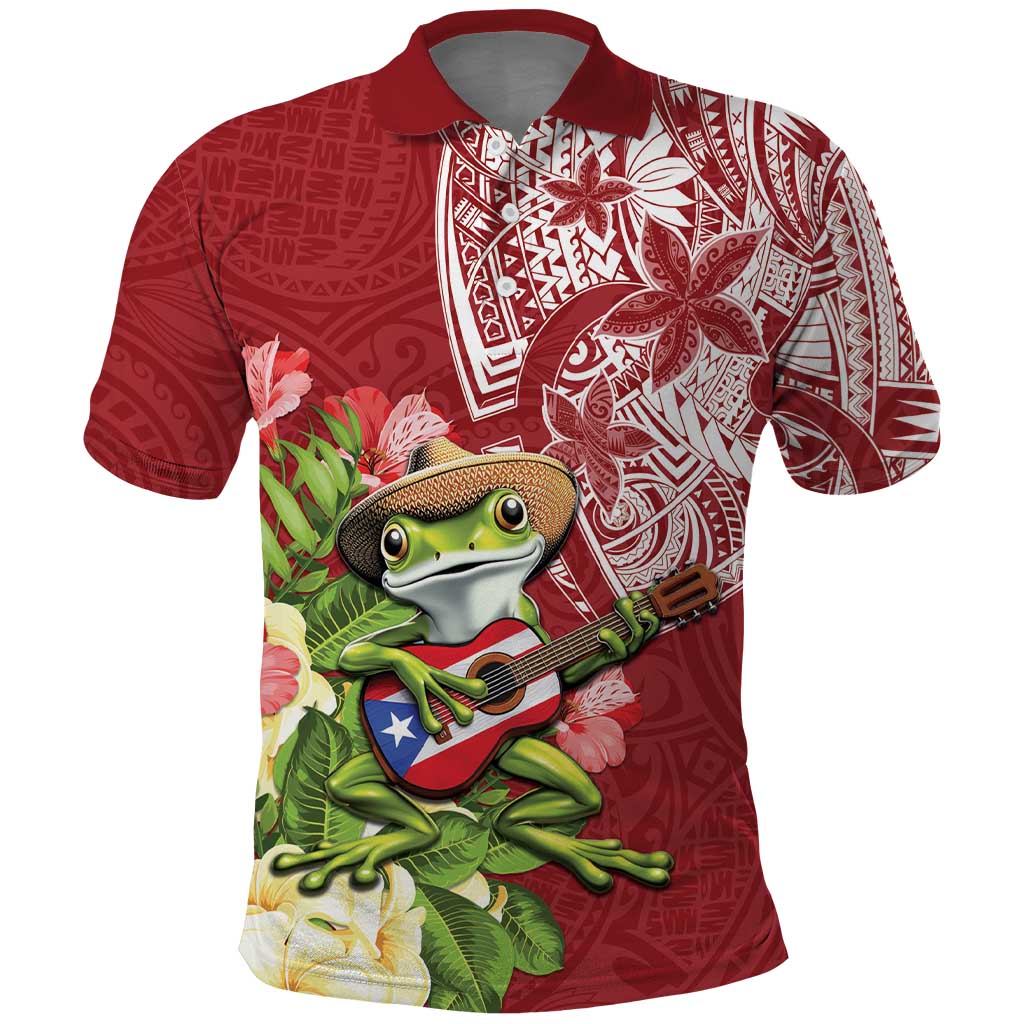 Puerto Rico Coqui Frog Polo Shirt Tropical Flowers Polynesian Style - Polynesian Pride