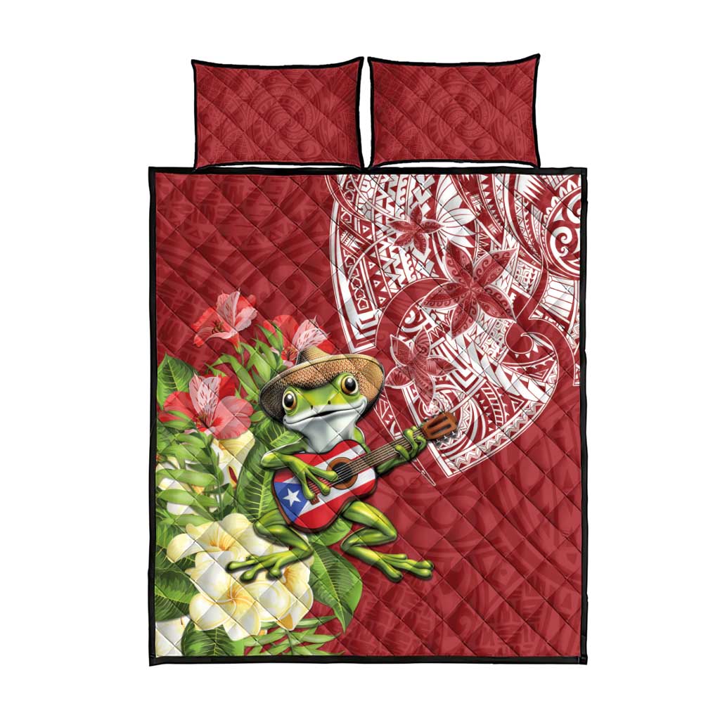 Puerto Rico Coqui Frog Quilt Bed Set Tropical Flowers Polynesian Style - Polynesian Pride