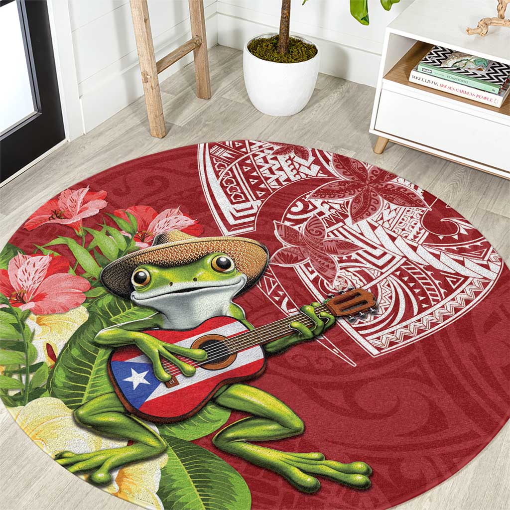 Puerto Rico Coqui Frog Round Carpet Tropical Flowers Polynesian Style - Polynesian Pride