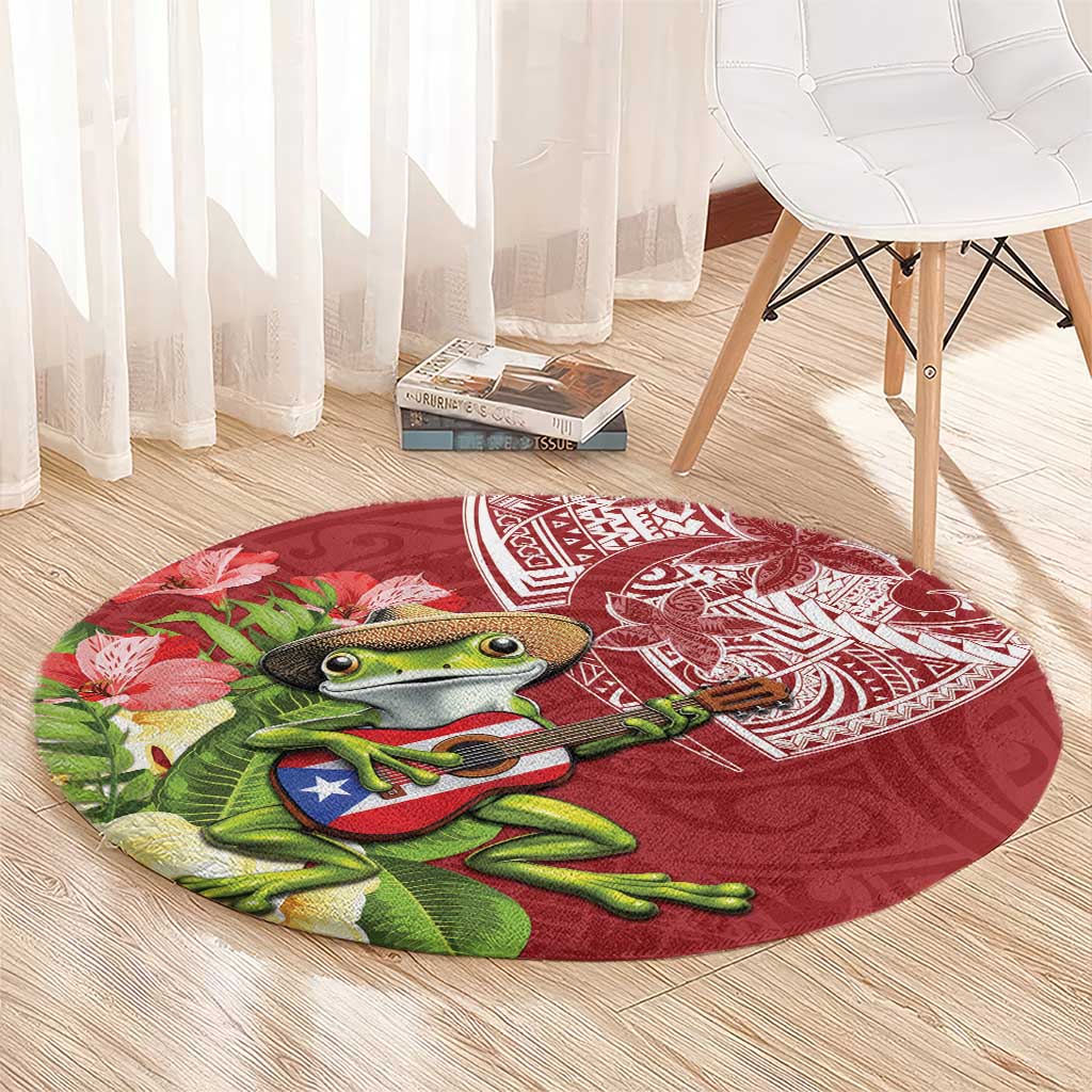 Puerto Rico Coqui Frog Round Carpet Tropical Flowers Polynesian Style - Polynesian Pride