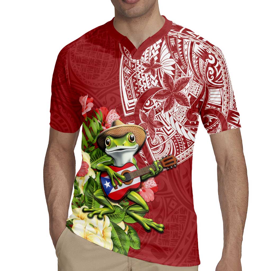 Puerto Rico Coqui Frog Rugby Jersey Tropical Flowers Polynesian Style - Polynesian Pride