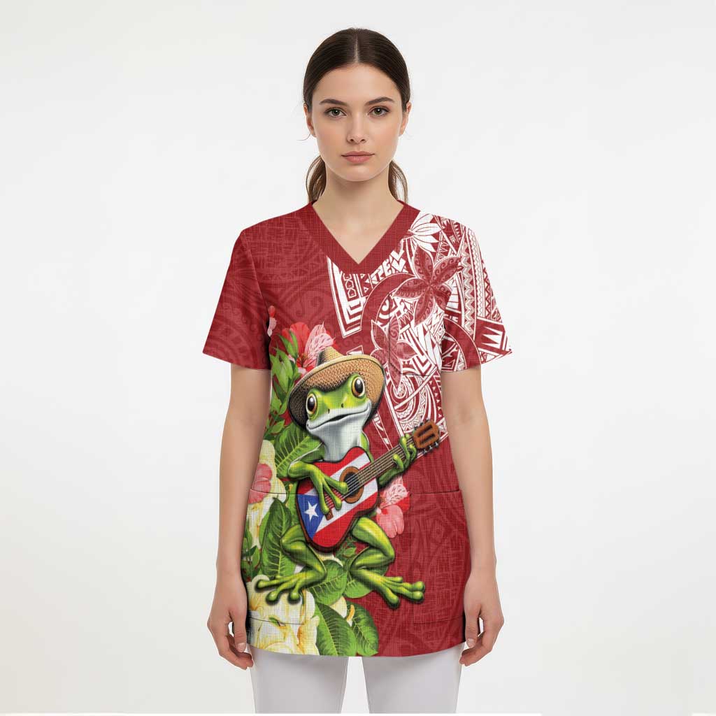 Puerto Rico Coqui Frog Scrub Top Tropical Flowers Polynesian Style - Polynesian Pride