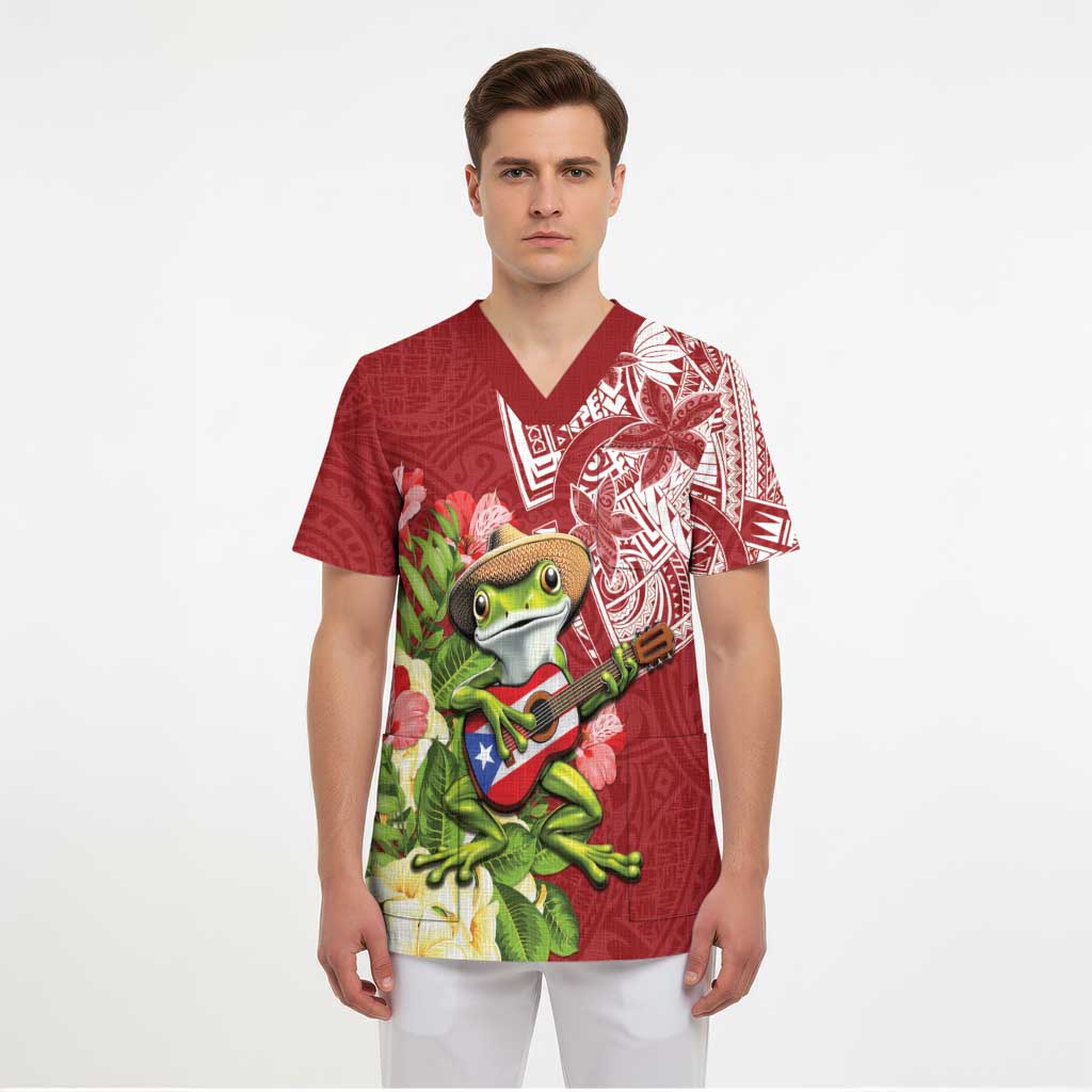 Puerto Rico Coqui Frog Scrub Top Tropical Flowers Polynesian Style - Polynesian Pride