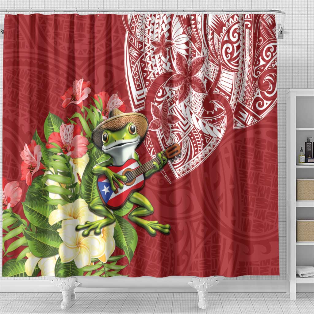 Puerto Rico Coqui Frog Shower Curtain Tropical Flowers Polynesian Style - Polynesian Pride