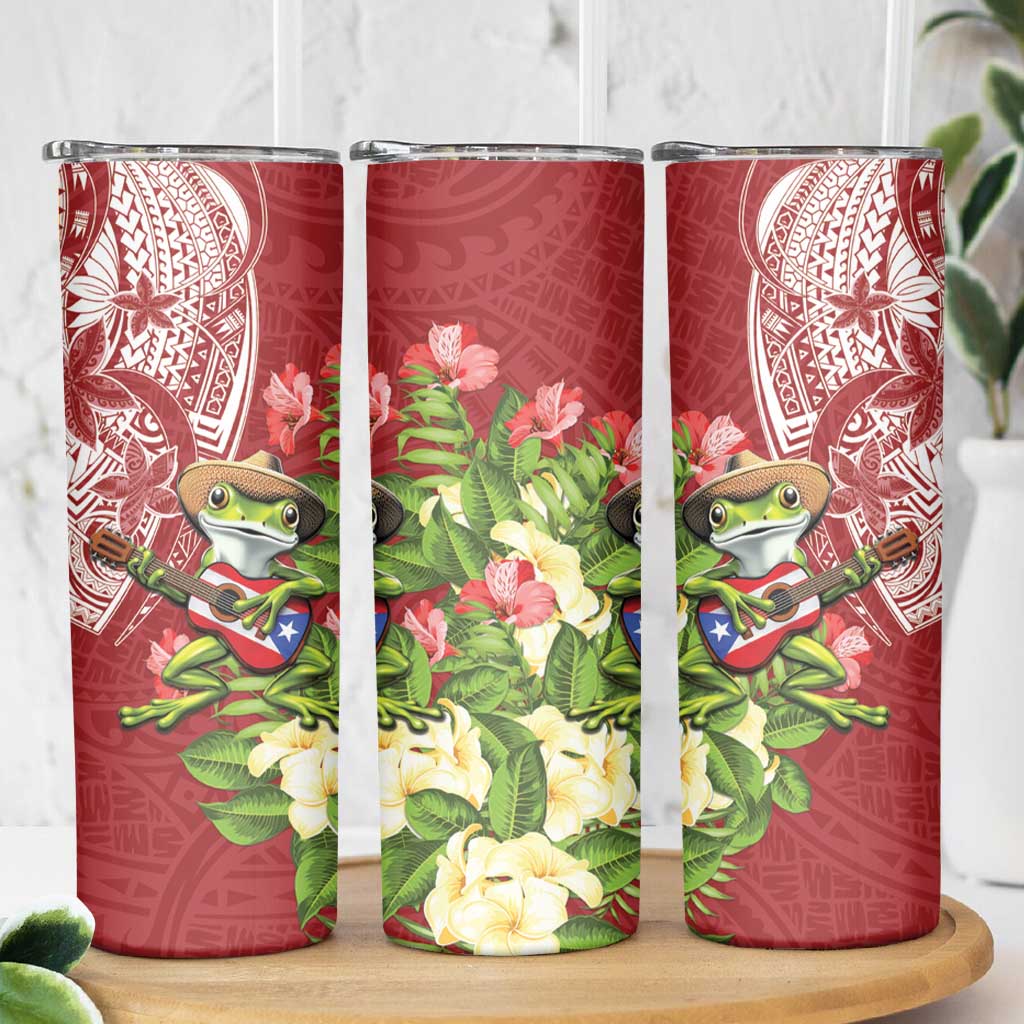 Puerto Rico Coqui Frog Skinny Tumbler Tropical Flowers Polynesian Style - Polynesian Pride
