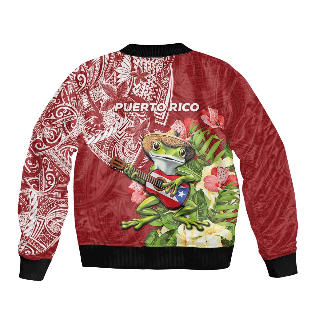 Puerto Rico Coqui Frog Sleeve Zip Bomber Jacket Tropical Flowers Polynesian Style - Polynesian Pride