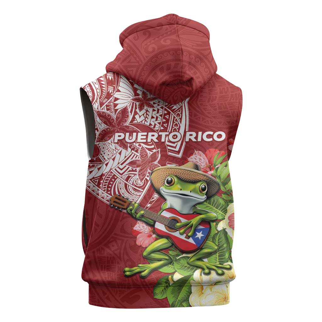 Puerto Rico Coqui Frog Sleeveless Hoodie Tropical Flowers Polynesian Style - Polynesian Pride