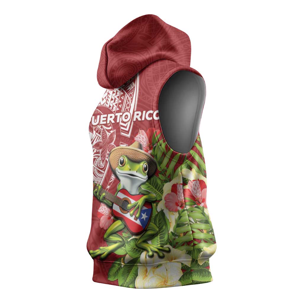 Puerto Rico Coqui Frog Sleeveless Hoodie Tropical Flowers Polynesian Style - Polynesian Pride