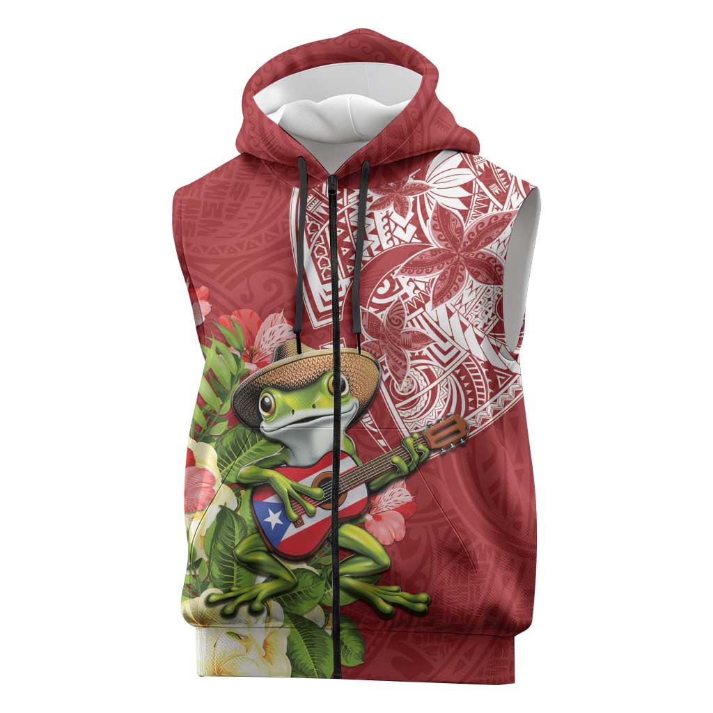 Puerto Rico Coqui Frog Sleeveless Zip Hoodie Tropical Flowers Polynesian Style - Polynesian Pride