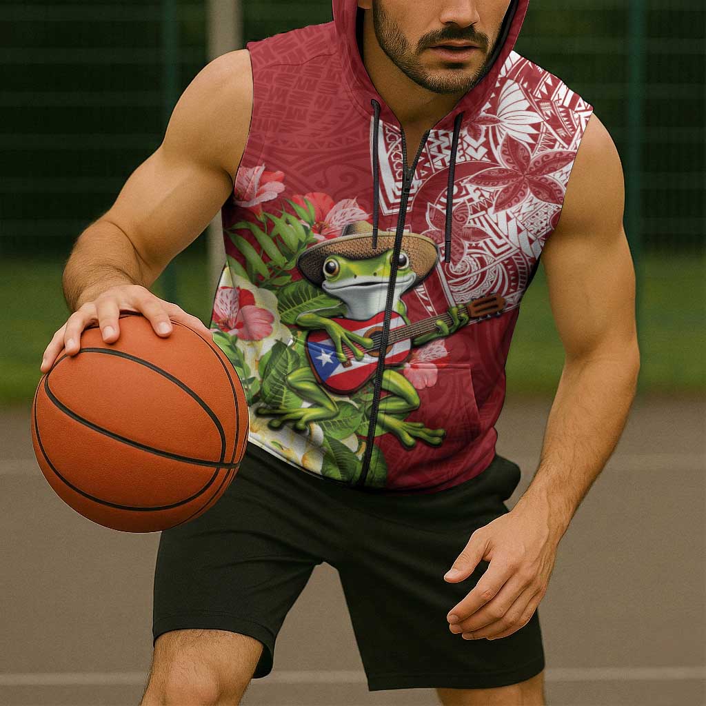Puerto Rico Coqui Frog Sleeveless Zip Hoodie Tropical Flowers Polynesian Style - Polynesian Pride