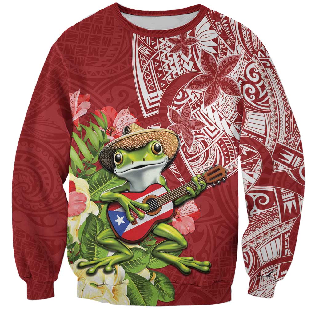 Puerto Rico Coqui Frog Sweatshirt Tropical Flowers Polynesian Style - Polynesian Pride