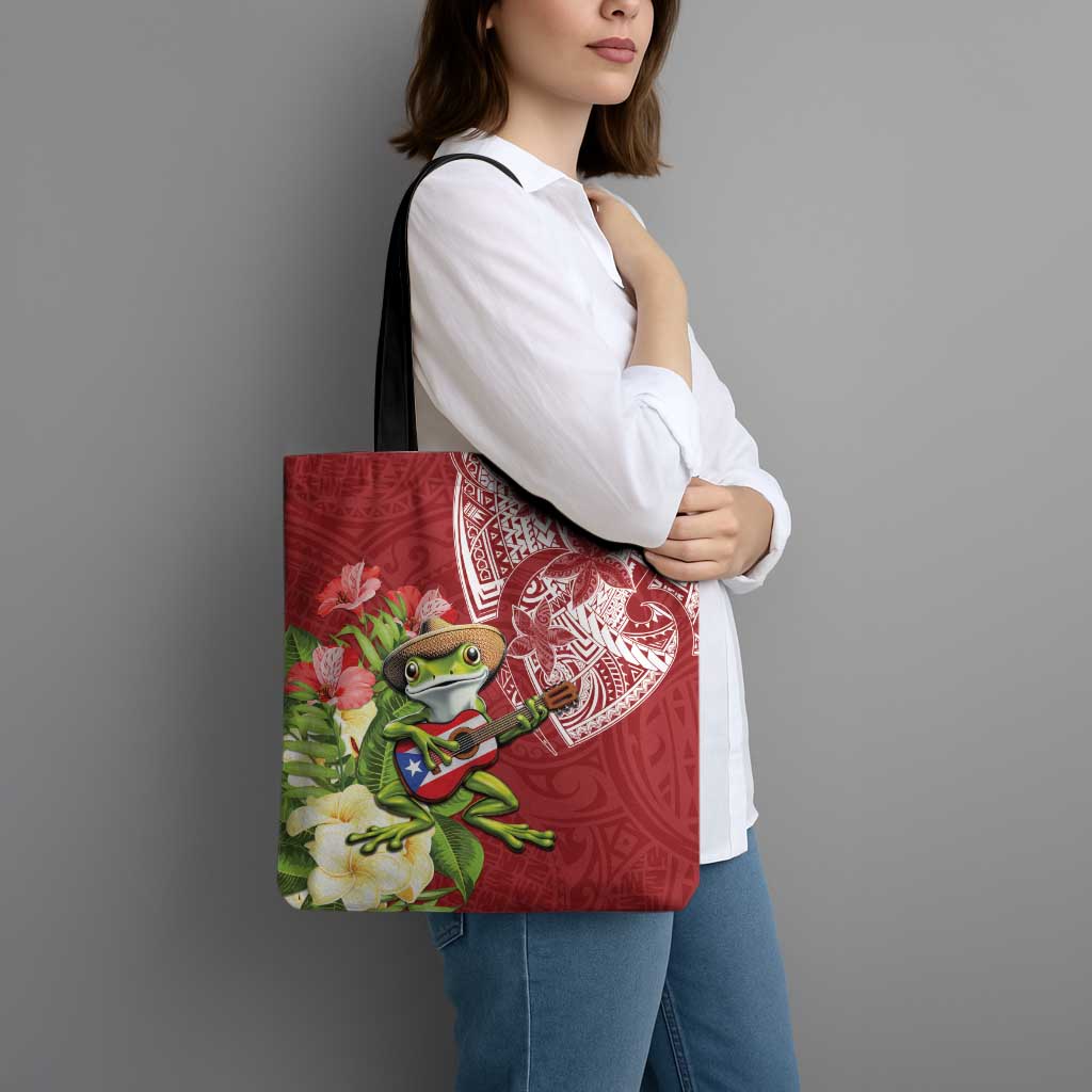 Puerto Rico Coqui Frog Tote Bag Tropical Flowers Polynesian Style - Polynesian Pride