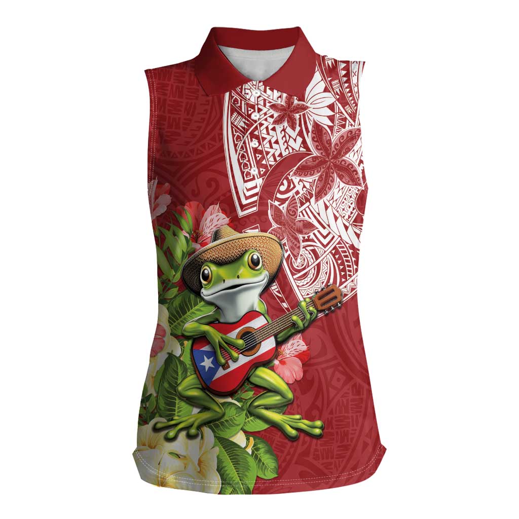 Puerto Rico Coqui Frog Women Sleeveless Polo Shirt Tropical Flowers Polynesian Style - Polynesian Pride