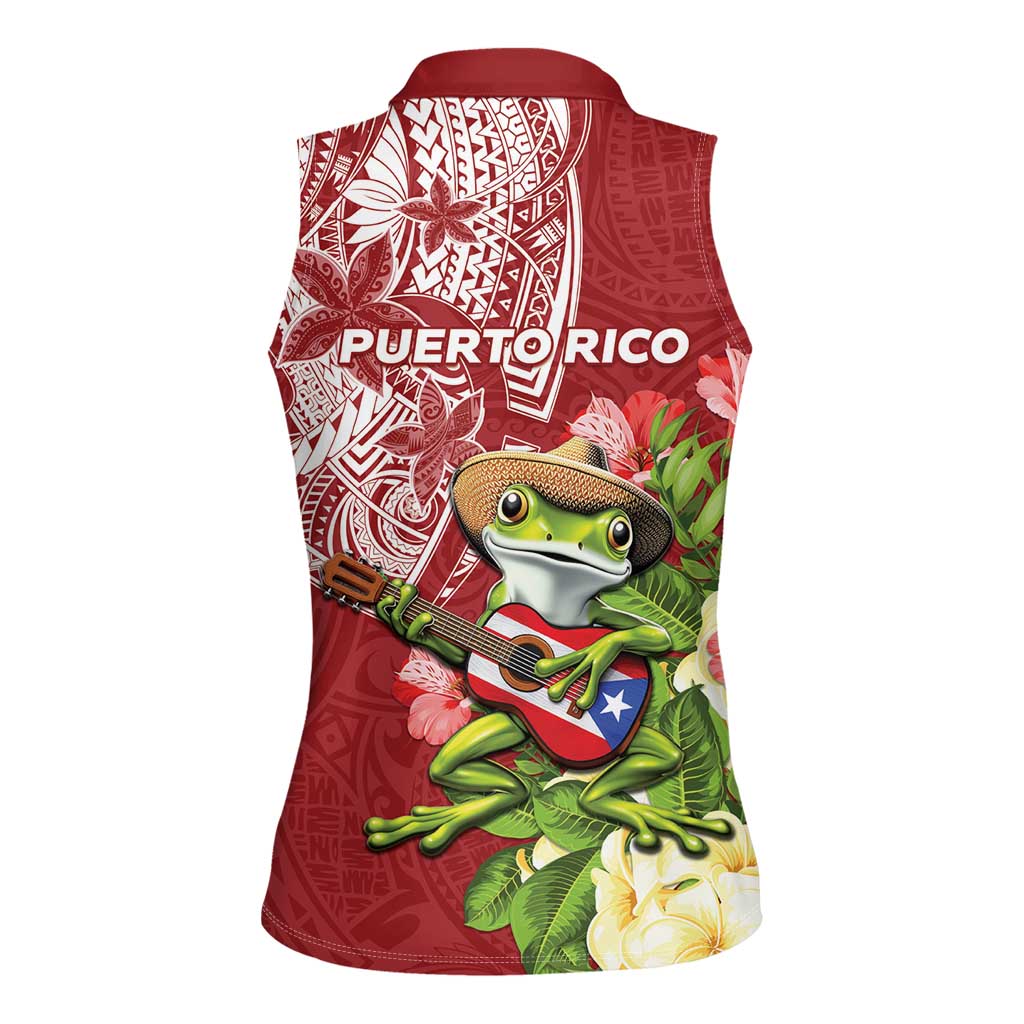 Puerto Rico Coqui Frog Women Sleeveless Polo Shirt Tropical Flowers Polynesian Style - Polynesian Pride