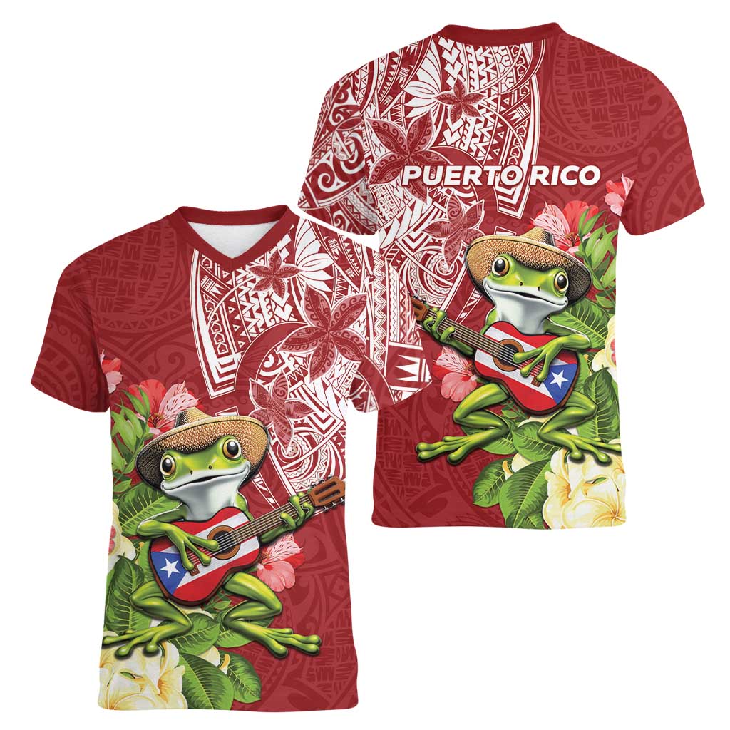 Puerto Rico Coqui Frog Women V-Neck T-Shirt Tropical Flowers Polynesian Style - Polynesian Pride