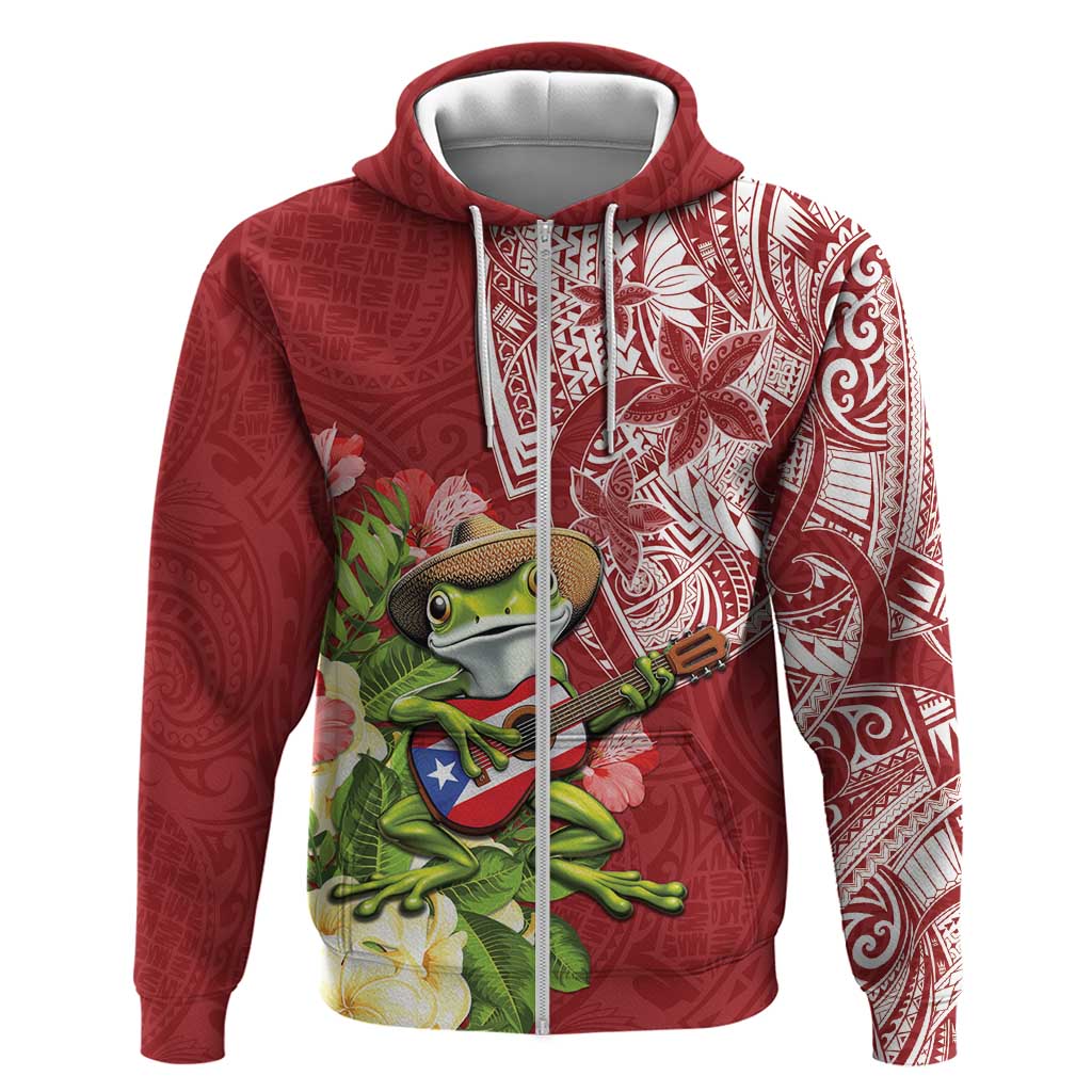 Puerto Rico Coqui Frog Zip Hoodie Tropical Flowers Polynesian Style - Polynesian Pride