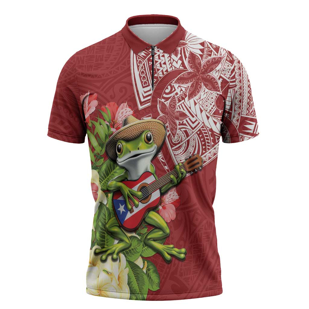 Puerto Rico Coqui Frog Zipper Polo Shirt Tropical Flowers Polynesian Style - Polynesian Pride