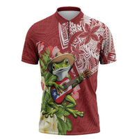 Puerto Rico Coqui Frog Zipper Polo Shirt Tropical Flowers Polynesian Style - Polynesian Pride
